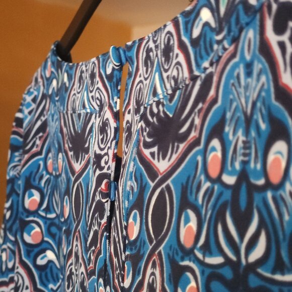 Ann Taylor LOFT Blue Pink Baroque Geometric Print Tie Waist Shift Dress X‎ Small - Picture 5 of 8